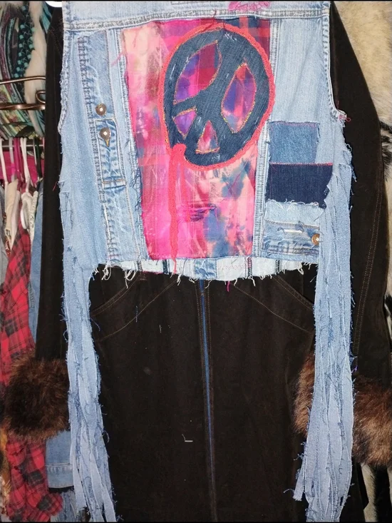Upcycled Denim Vest with Pink Tie-Dye Peace Patch And Long Fringe Sides. - Picture 3 of 5
